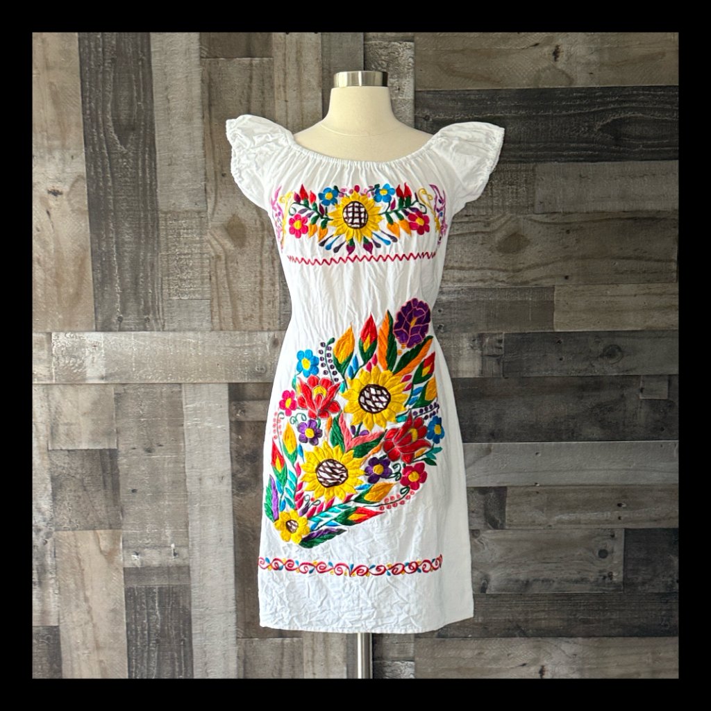 White Fiesta Dress Medium Floral Embroidery Festival Boho Sunflower Garden Party